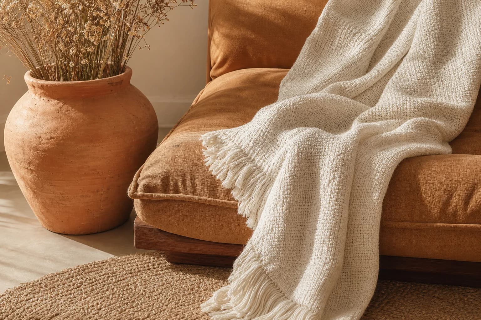 Textured cotton and terracotta in a warm interior